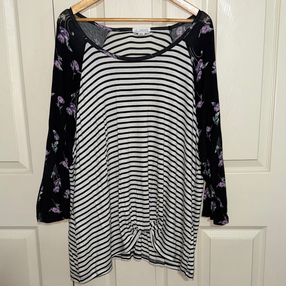 LA THREAD Top with Purple Floral Sleeves